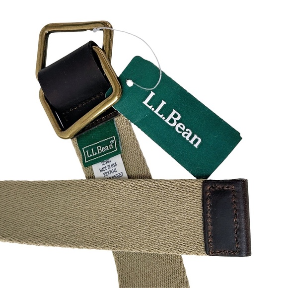 L.L. Bean Belt Square Ring Buckle Cotton Web & Leather Khaki Made in USA Vintage - Picture 3 of 12